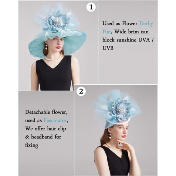 Women Organza Church Tea Party Hats Floral Blue main image 7